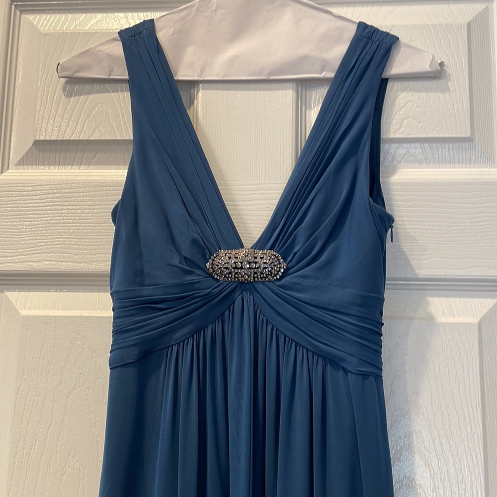 BCBG MaxAzria blue long dress/gown with broach